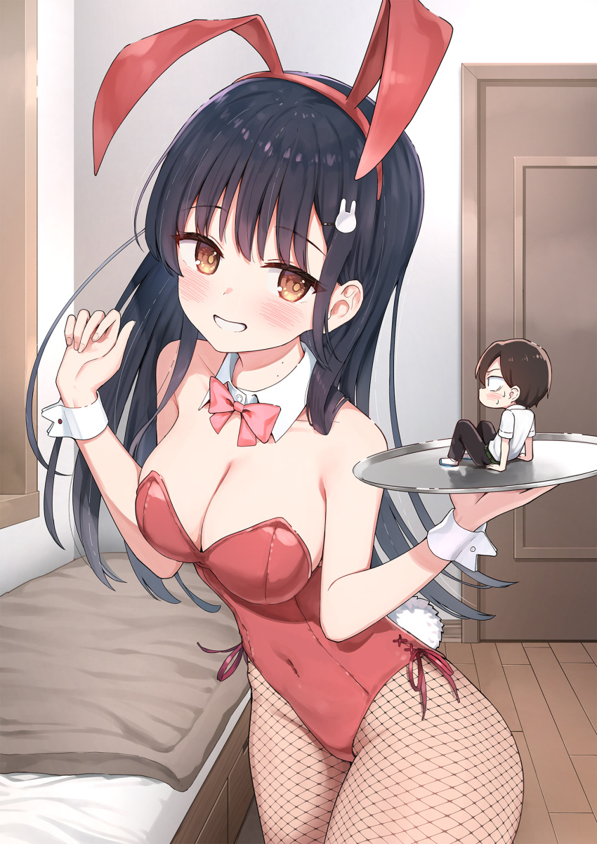 1boy animal_ears bare_shoulders black_hair blush boku_no_kokoro_no_yabai_yatsu bow bowtie breasts brown_eyes chibi cleavage clenched_teeth covered_navel cowboy_shot detached_collar fake_animal_ears fake_tail female fishnet_pantyhose fishnets hair_ornament hands_up highleg highleg_leotard highres holding holding_plate ichikawa_kyoutarou indoors large_breasts leaning_forward leotard long_hair looking_at_another looking_at_viewer mole mole_on_neck multiple_moles official_art pantyhose pink_bow pink_bowtie plate playboy_bunny rabbit_ears rabbit_hair_ornament rabbit_tail red_leotard second-party_source size_difference strapless strapless_leotard sune_(mugendai) tail teeth three_quarter_view traditional_bowtie white_wrist_cuffs wrist_cuffs yamada_anna