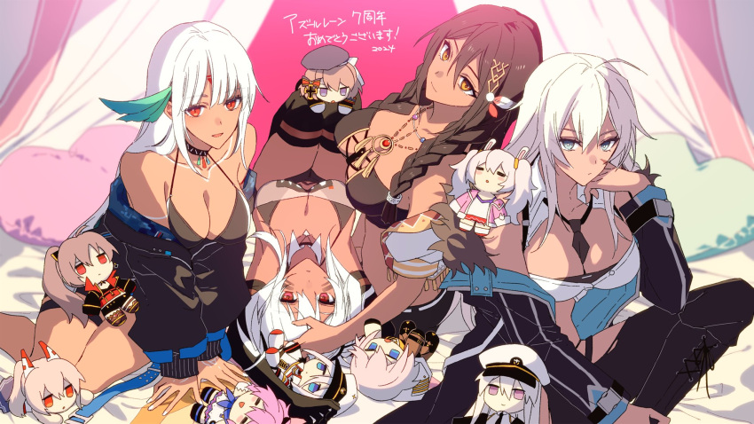 4girls alabama_(azur_lane) amazuki_jou animal_ears ayanami_(azur_lane) azur_lane beret between_breasts black_footwear black_hat black_jacket black_necktie black_thighhighs boots braid breasts brown_hair chibi cleavage closed_eyes commentary_request curtains dark-skinned_female dark_skin enterprise_(azur_lane) green_eyes hand_on_own_cheek hand_on_own_face hat heart heart-shaped_pillow highres indiana_(azur_lane) jacket javelin_(azur_lane) jean_bart_(azur_lane) jewelry laffey_(azur_lane) large_breasts long_hair long_sleeves looking_at_viewer lying massachusetts_(azur_lane) multiple_girls necklace necktie necktie_between_breasts off_shoulder open_clothes open_jacket pillow pink_hair purple_eyes rabbit_ears rabbit_girl red_eyes sitting south_dakota_(azur_lane) thighhighs tirpitz_(azur_lane) twin_braids washington_(azur_lane) white_hair white_hat z23_(azur_lane)