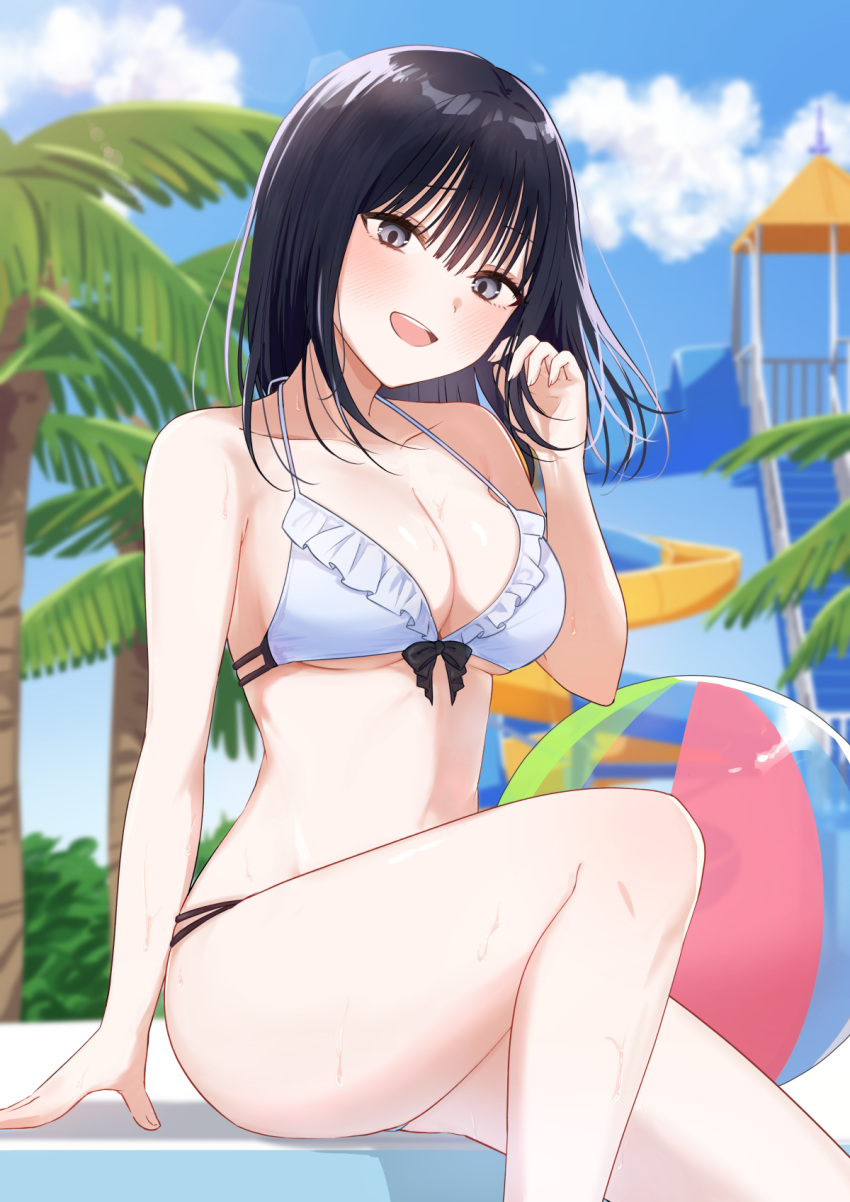 arm_support bare_legs bikini biwamaro black_hair blue_sky breasts cleavage cloud collarbone commentary_request day female frilled_bikini_top grey_eyes highres long_hair looking_at_viewer medium_breasts navel open_mouth original outdoors palm_tree playground sitting sky smile solo stairs sweat swimsuit teeth thighs tree underboob upper_teeth_only white_bikini