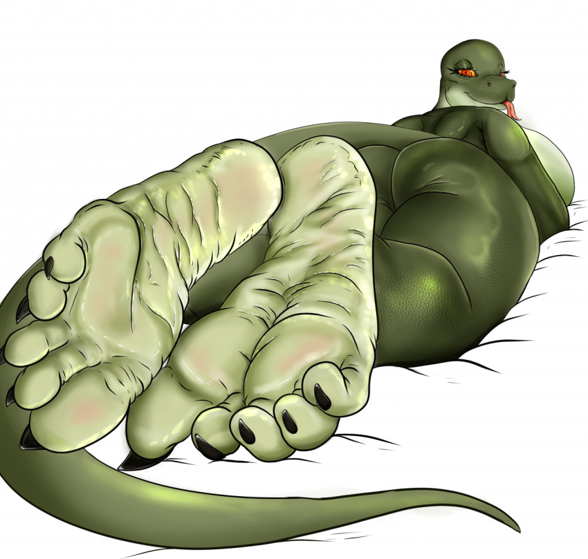 anthro ass claws feet female foot_fetish foot_focus hi_res lying margaret_(zp92) nude on_front paws pose python reptile robinthefox scalie snake soles solo toes wide_hips wrinkled_feet wrinkles