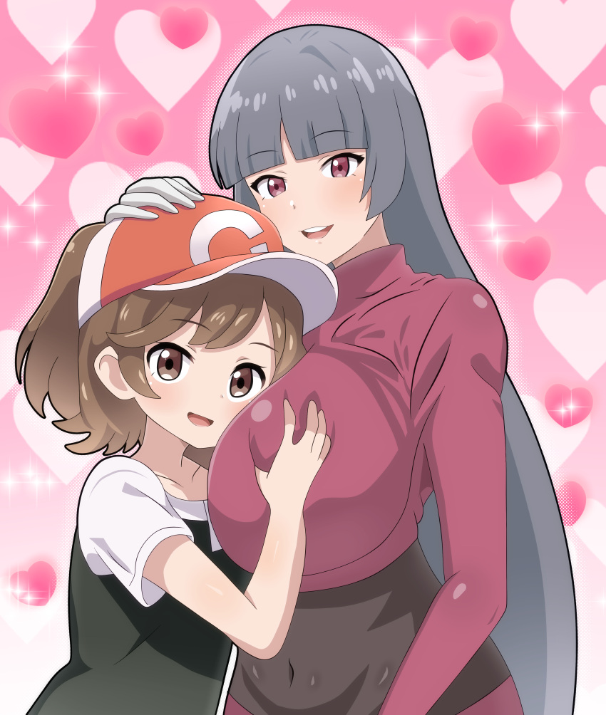 absurdres age_difference arm_at_side baseball_cap between_breasts black_bodysuit black_shirt blunt_bangs bodystocking bodysuit bodysuit_under_clothes breast_smother breasts brown_eyes brown_hair elaine_(pokemon) face_between_breasts face_to_breasts female gloves grabbing_another's_breast groping hand_on_another's_head hand_up hat head_between_breasts highres hime_cut hitokiwa_kenchin jacket large_breasts long_hair long_sleeves pencil_skirt poke_ball_theme pokemon pokemon_frlg pokemon_lgpe ponytail red_eyes red_jacket red_skirt sabrina_(pokemon) shirt short_sleeves skirt smile turtleneck turtleneck_jacket upper_body white_gloves white_sleeves