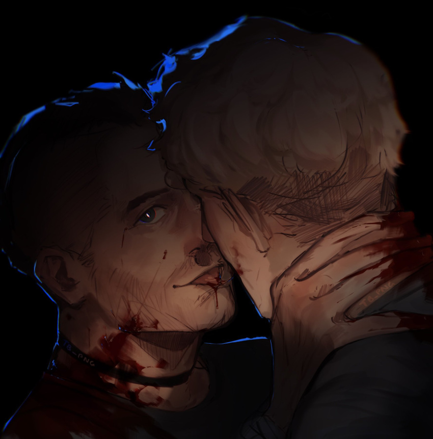 2boys black_background black_choker black_shirt blonde_hair blood blood_on_face blood_on_neck brown_eyes brown_hair call_of_duty call_of_duty:_modern_warfare_2 choker couple ghost_(modern_warfare_2) hand_on_another's_neck highres kissing looking_at_viewer male_focus mohawk multiple_boys shirt short_hair simple_background soap_(modern_warfare_2) tb_png tongue tongue_out yaoi