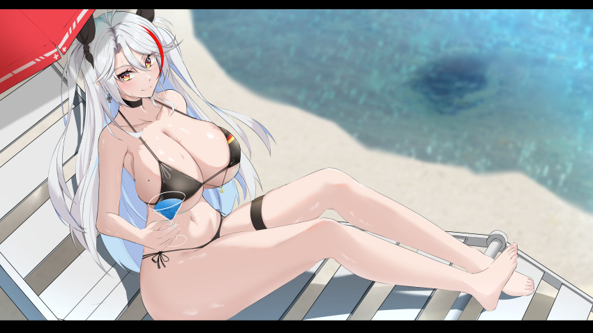 absurdres antenna_hair azur_lane beach beach_chair bikini black_bikini black_choker breasts choker cocktail_glass collarbone cross cross_earrings cup day drinking_glass earrings female flag_print full_body german_flag german_flag_bikini hair_between_eyes highres holding holding_cup huge_breasts j_yak47 jewelry long_hair looking_at_viewer mole mole_on_breast multicolored_hair official_alternate_costume outdoors prinz_eugen_(azur_lane) prinz_eugen_(unfading_smile)_(azur_lane) red_hair sand side-tie_bikini_bottom sitting solo streaked_hair swimsuit thigh_strap two-tone_hair water white_hair yellow_eyes