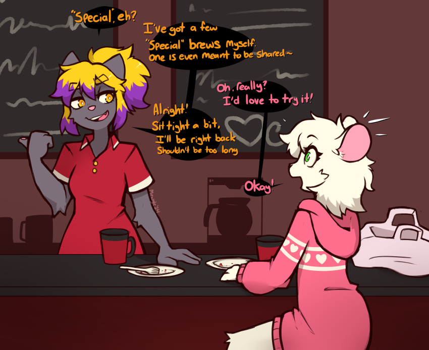 anthro ashley_(mewgle) beverage cake clothing dessert dialogue domestic_cat duo english_text felid feline felis female food hi_res male male/female mammal mewgle murid murine rat reggie_(whygena) rodent text