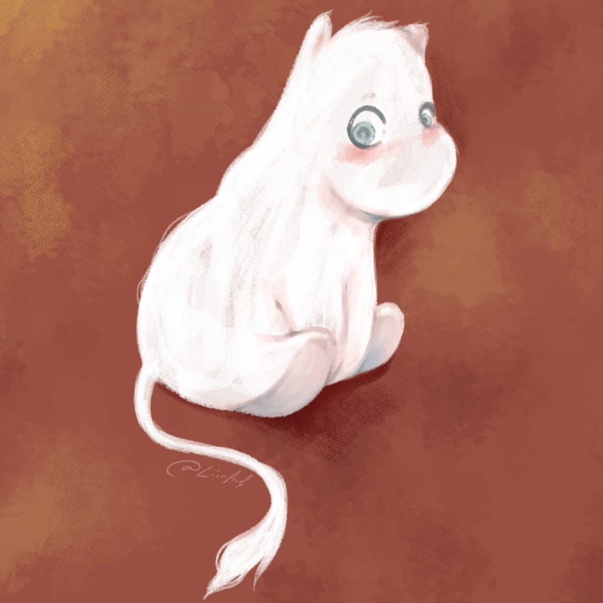 1:1 ambiguous_gender anthro blue_eyes blush fur head_tuft hi_res lionfloof monotone_body monotone_fur moomin nude signature simple_background sitting solo the_moomins tuft white_body white_fur