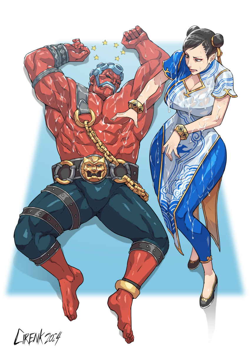 1boy absurdres after_battle anklet barefoot blue_pants bracelet breasts chinese_clothes chun-li cirenk cleavage colored_skin double_bun female flats hair_bun hair_ribbon hakan highres jewelry muscular muscular_male oiled pants red_skin ribbon seeing_stars street_fighter street_fighter_6 street_fighter_iv_(series) topless_male unconscious wet wet_clothes wince