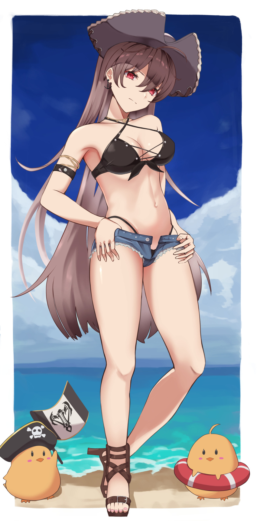 absurdres anchor_earrings azur_lane beach bikini black_bikini blue_shorts breasts brown_hair cleavage cross-laced_bikini cross-laced_clothes day earrings female front-tie_bikini_top front-tie_top full_body groin hair_between_eyes hands_on_own_hips hat highleg highleg_bikini highres jean_bart_(azur_lane) jean_bart_(private_apres_midi)_(azur_lane) jewelry light_frown long_hair manjuu_(azur_lane) medium_breasts micro_shorts navel ocean outdoors pirate_hat red_eyes rizzy sandals shorts solo standing stomach swimsuit thighs torn_clothes torn_shorts unbuttoned very_long_hair