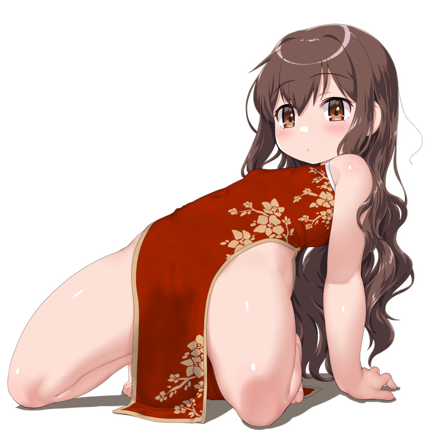 barefoot breasts brown_eyes brown_hair cameltoe china_dress chinese_clothes covered_navel dd_(ijigendd) dress female highres long_hair looking_at_viewer original pelvic_curtain print_dress red_dress side_slit sleeveless sleeveless_dress small_breasts solo wavy_hair