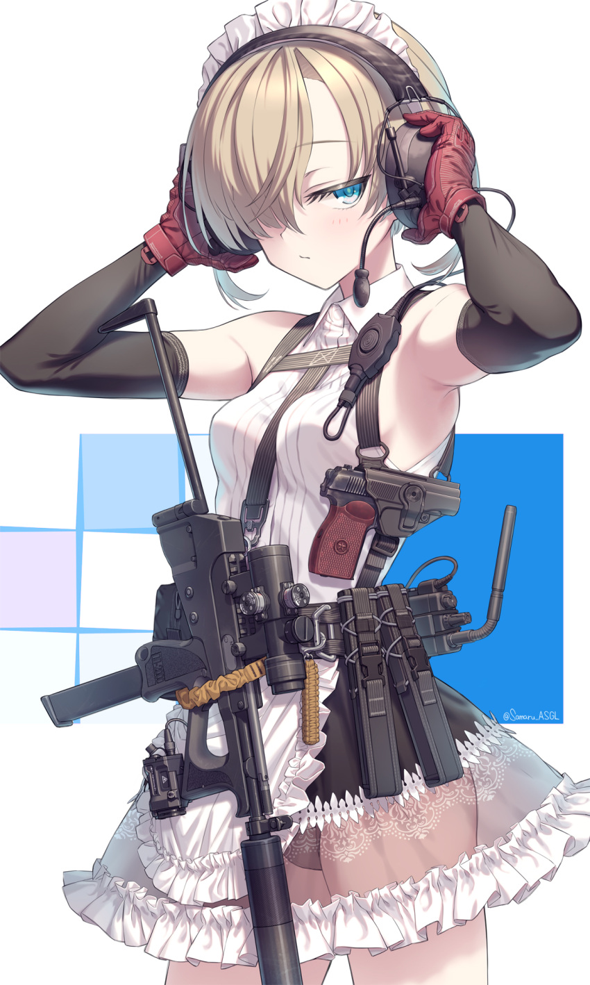 apron armpits black_panties blonde_hair blue_eyes breasts closed_mouth cowboy_shot detached_sleeves dress ear_protection female flashlight gloves gun hair_over_one_eye handgun hands_up highres holding holster holstered magazine_(weapon) maid maid_apron maid_headdress makarov_pm medium_breasts medium_hair microphone optical_sight original panties pouch pp-2000 radio red_gloves samaru_(seiga) see-through shoulder_holster sleeveless sleeveless_dress solo submachine_gun suppressor twitter_username underwear weapon white_dress