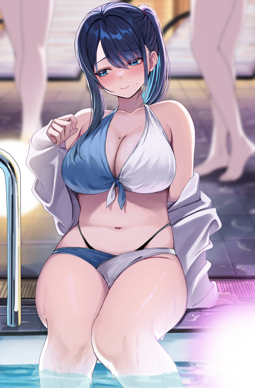 3girls absurdres bare_shoulders bikini blue_bikini blue_eyes blue_hair blurry blurry_background blush breasts cleavage closed_mouth collarbone feet_out_of_frame hand_up highres jacket kouhai-chan_(udon) large_breasts long_hair long_sleeves mole mole_on_breast multiple_girls navel off_shoulder original pool side_ponytail sitting solo_focus stomach swimsuit thighs two-tone_bikini udon_(udonalium) white_bikini white_jacket