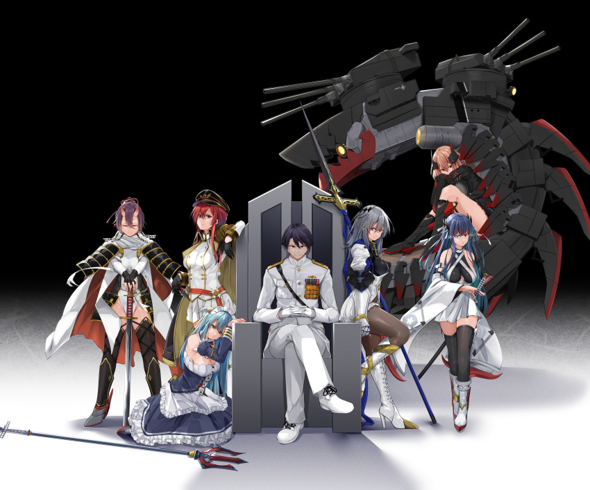 1boy 6+girls absurdres armor azur_lane bare_shoulders black_coat black_footwear black_gloves black_skirt black_thighhighs blue_eyes blue_hair blue_sleeves boots braid breasts brown_pantyhose clam cleavage clothing_cutout coat coat_on_shoulders commander_(azur_lane) corset cross-laced_footwear crossed_legs crown_braid detached_sleeves dress epaulettes fake_antlers fingerless_gloves frilled_dress frills full_body gauntlets gloves glowing glowing_eyes gold_trim grey_hair hair_between_eyes half_gloves hands_on_hilt hat headgear heterochromia high_heel_boots high_heels highres horns ibuki_(azur_lane) izumo_(azur_lane) jacket japanese_armor katana large_breasts leotard light_brown_hair long_hair long_sleeves looking_at_viewer maid_headdress mechanical_hands medal medium_breasts medium_hair military_uniform miniskirt monarch_(azur_lane) multicolored_hair multiple_girls multiple_horns naval_uniform neptune_(azur_lane) non-humanoid_robot oni oriue_wato pants pantyhose peaked_cap polearm purple_hair red_eyes red_hair robot robot_animal roon_(azur_lane) rudder_footwear saint-louis_(azur_lane) sheath sheathed shell_hair_ornament shoes sitting skin-covered_horns skirt standing streaked_hair sword thighhighs trident underboob_cutout uniform unsheathing very_long_hair weapon white_corset white_dress white_footwear white_gloves white_jacket white_leotard white_pants white_skirt yellow_eyes zettai_ryouiki