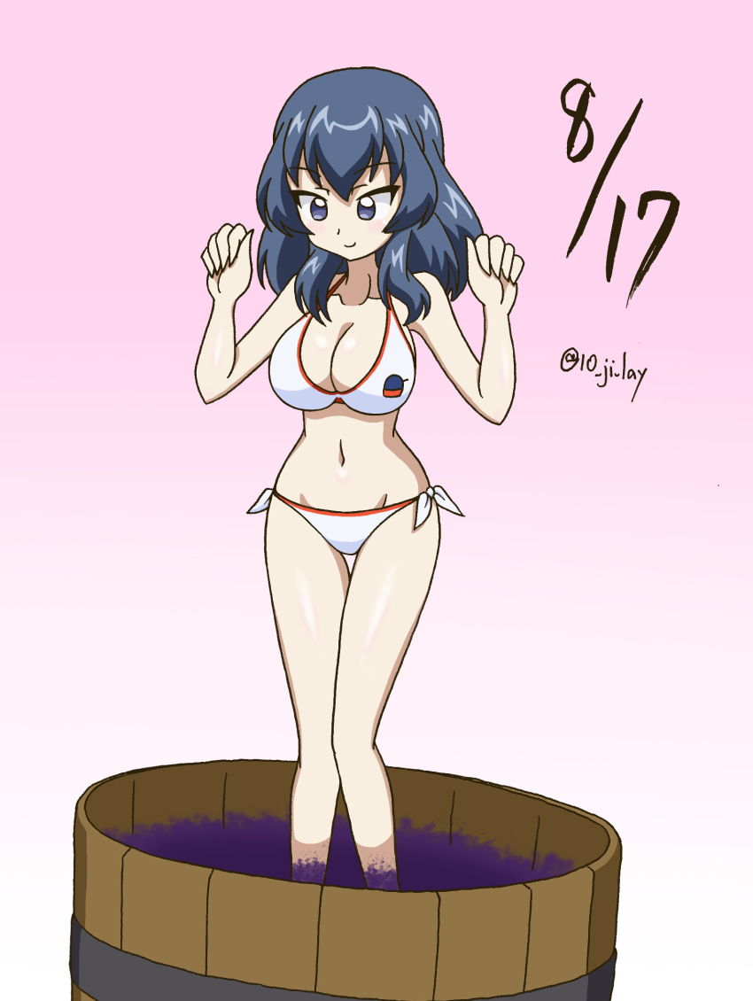 10_ji_lay bikini blue_eyes blue_hair bucket eclair_(girls_und_panzer) food fruit girls_und_panzer girls_und_panzer_gekitou!_maginot-sen_desu!! grape_stomping grapes happy_birthday highres long_hair side-tie_bikini_bottom swimsuit twitter_username white_bikini wooden_bucket