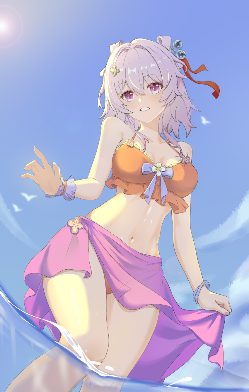 absurdres bare_shoulders bell bikini breasts cleavage feet_out_of_frame female grey_hair hair_bell hair_intakes hair_ornament highres honkai:_star_rail honkai_(series) jingle_bell looking_at_viewer march_7th_(honkai:_star_rail) medium_breasts medium_hair navel oni_(pixiv_id_94951586) orange_bikini purple_eyes sarong shuangyaji solo standing stomach swimsuit thighs wading water wrist_cuffs