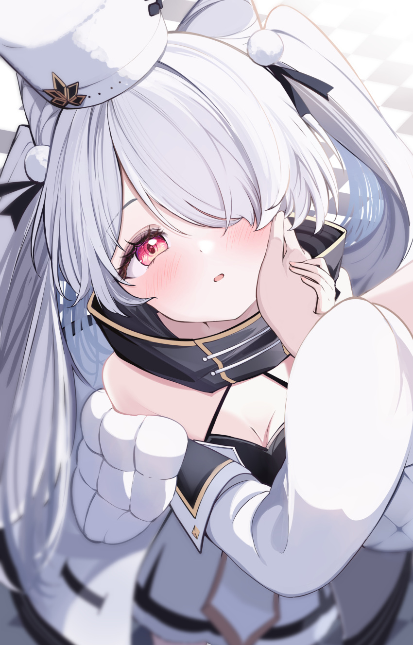 1boy 1other absurdres acchii_(akina) azur_lane bare_shoulders black_ribbon blush breasts cleavage coat coat_dress commander_(azur_lane) commentary_request cone_hair_bun criss-cross_halter detached_sleeves dress female from_above fur-trimmed_dress fur_trim grey_hair hair_bun hair_ornament hair_over_one_eye hair_ribbon halter_dress halterneck hand_on_another's_cheek hand_on_another's_face hand_on_another's_hand hat high_collar highres jacket kiev_(azur_lane) long_hair long_sleeves looking_at_viewer mini_shako_cap one_eye_covered open_mouth parted_lips pom_pom_(clothes) pom_pom_hair_ornament pov pov_hands red_eyes ribbon small_breasts solo_focus swept_bangs twintails upper_body very_long_hair white_coat white_dress white_hair white_hat white_jacket