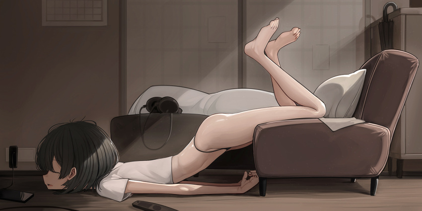 barefoot black_hair black_panties closed_eyes couch female genek headphones headphones_removed highleg highleg_panties highres indoors lying on_stomach original panties shirt short_hair solo the_pose underwear white_shirt