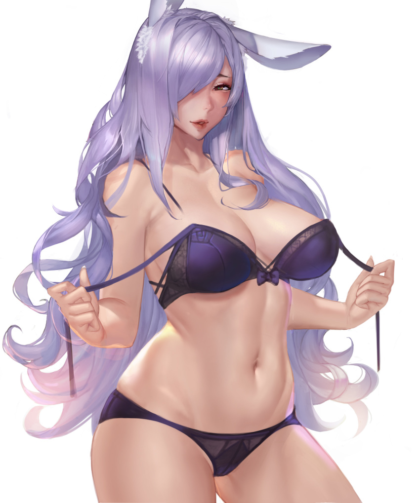 absurdres animal_ears bare_shoulders bra breasts bunny_ears camilla_(fire_emblem) cleavage contrapposto cowboy_shot female fire_emblem fire_emblem_fates fire_emblem_heroes gtunver hair_over_one_eye highres large_breasts lips long_hair looking_at_viewer navel paid_reward panties parted_lips patreon_reward purple_bra purple_hair purple_panties sidelocks simple_background solo stomach underwear underwear_only undressing white_background