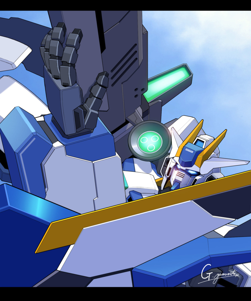 aiming artist_name blue_eyes close-up g.yamamoto glowing glowing_eyes gundam gundam_00_sky_moebius gundam_build_diver_rize gundam_build_divers gundam_build_divers_re:rise gundam_destiny_sky highres letterboxed looking_up mecha no_humans robot science_fiction sky solo v-fin