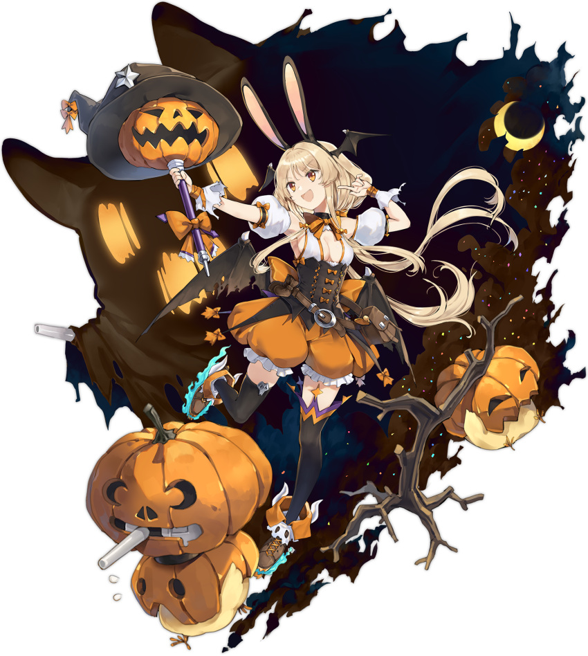 :d animal_ears artillery azur_lane backless_outfit benson_(azur_lane) benson_(cutie_pumpkin_pie)_(azur_lane) black_corset black_thighhighs blonde_hair blue_fire bow bowtie breasts brown_eyes brown_footwear center_opening cleavage corset crescent_moon cross-laced_footwear demon_wings detached_sleeves eagle_union_(emblem) fake_animal_ears female fire flying_sweatdrops frilled_shorts frills hair_ribbon halloween_costume hao_(patinnko) hat head_wings highres holding holding_staff index_finger_raised jack-o'-lantern long_hair low_twintails medium_breasts moon no_bra official_alternate_costume official_art open_mouth orange_ribbon orange_shorts pointing pointing_at_self puffy_short_sleeves puffy_shorts puffy_sleeves pumpkin ribbon short_sleeves shorts sideboob sidelocks silk smile solo spider_web staff thighhighs torn_clothes transparent_background tress_ribbon turret twintails underbust white_sleeves wings witch_hat wrist_cuffs yellow_bow yellow_bowtie yellow_trim