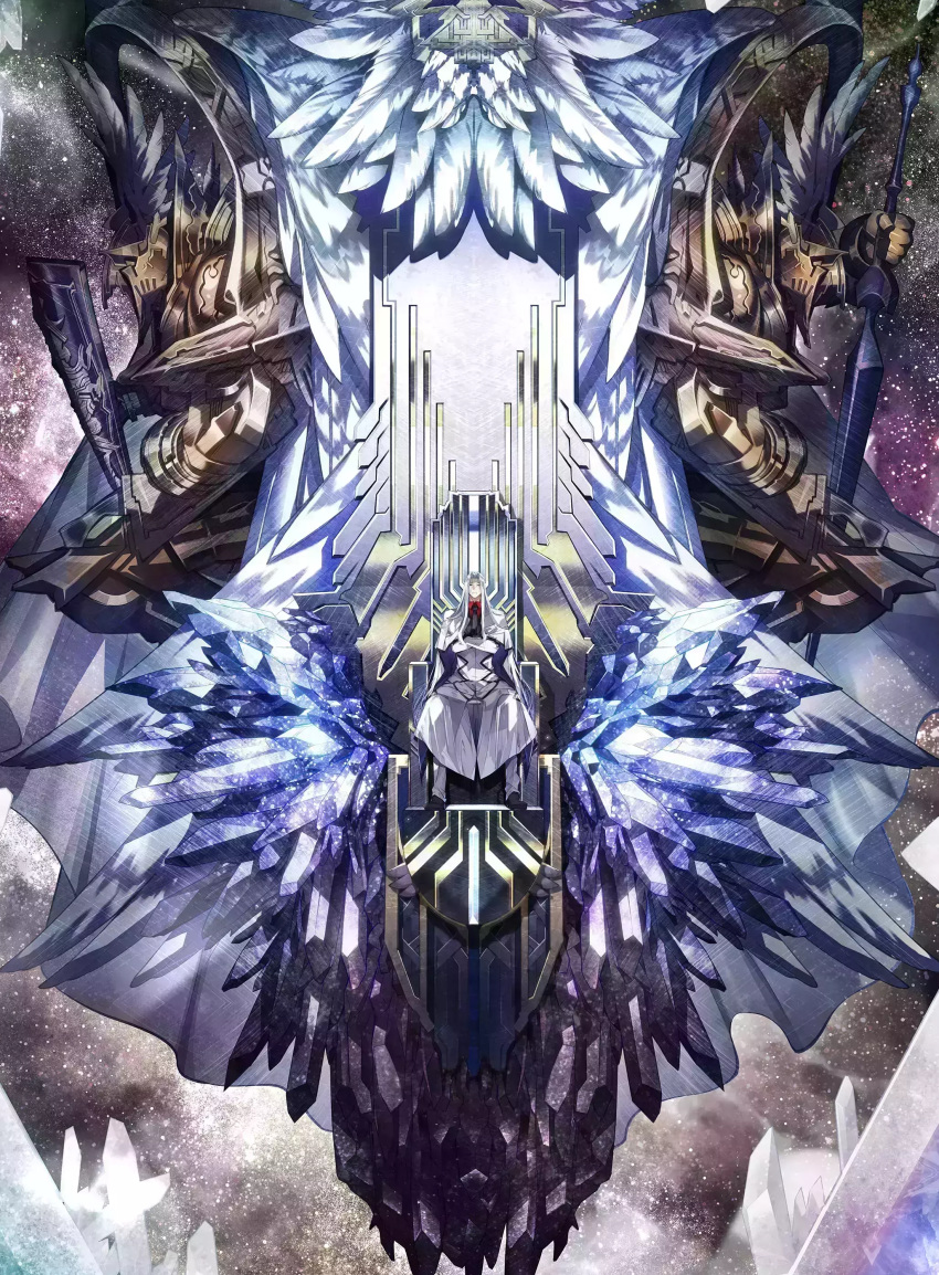 1boy absurdres angel crossed_arms crystal dies_irae_pantheon feathers frown g_yuusuke helmet highres looking_at_viewer male_focus necktie nerose_satanel official_art paradise_lost salt shield shinza_bansho_series solo space straight-on sword symmetry throne weapon white_hair winged_helmet wings