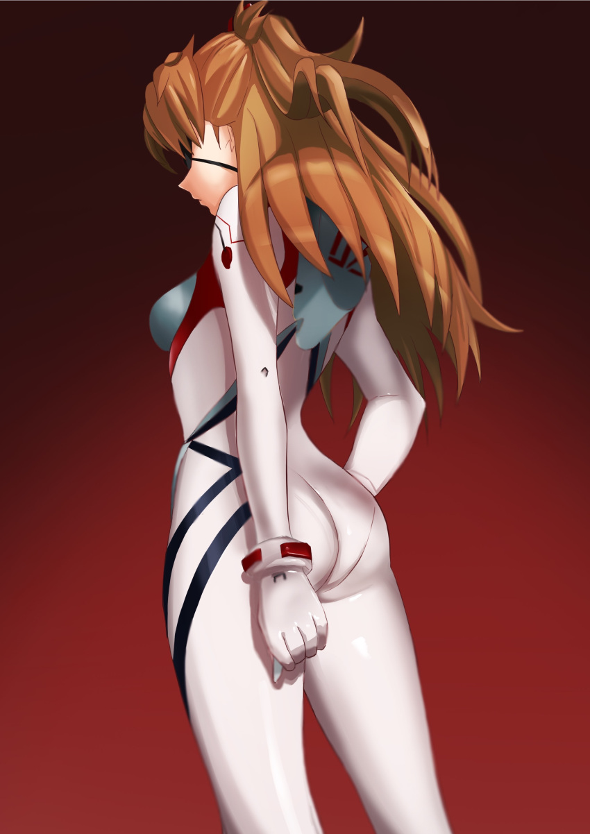 absurdres ass bad_id bad_pixiv_id brown_hair commentary evangelion:_3.0+1.0_thrice_upon_a_time eyepatch female from_behind from_below gradient_background hand_on_own_hip hateri highres long_hair neon_genesis_evangelion plugsuit rebuild_of_evangelion red_background solo souryuu_asuka_langley tight_clothes two_side_up