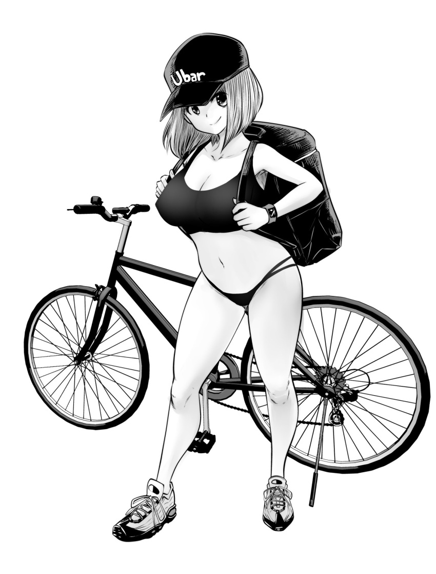 backpack bag bare_shoulders baseball_cap bicycle bikini black_bikini_bottom black_sports_bra breasts closed_mouth commentary_request covered_nipples eguchi_tomoka female fitbit full_body greyscale hat highres kou_iu_no_ga_ii large_breasts looking_at_viewer monochrome multi-strapped_bikini navel original shoes short_hair smartwatch smile sneakers solo souryu sports_bikini sports_bra standing stomach swimsuit watch white_background wristwatch