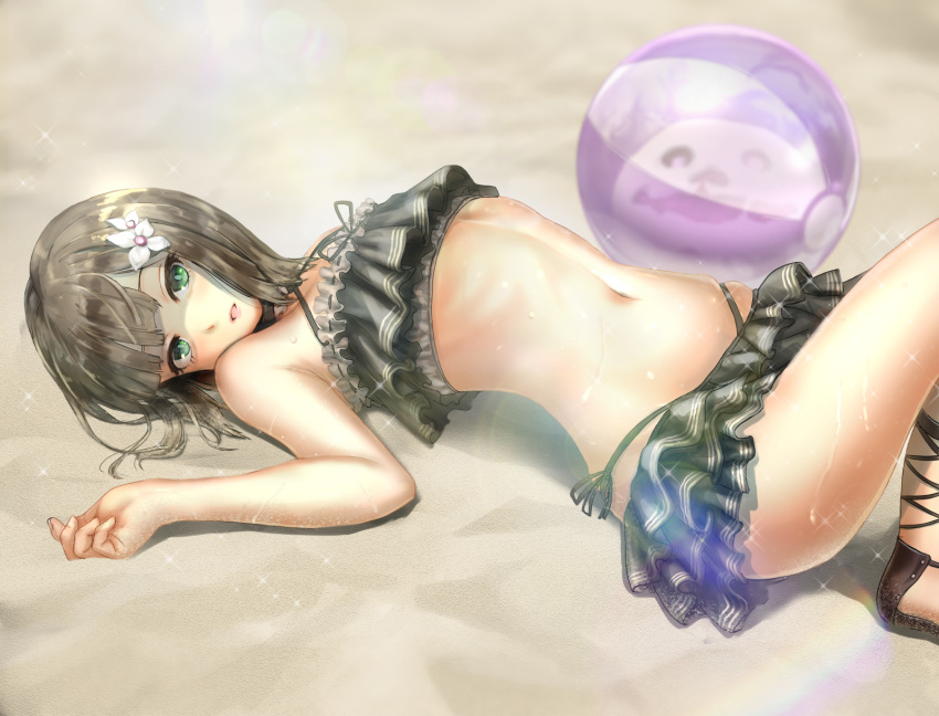 1boy ball beach beachball bikini black_choker brown_hair choker cross-laced_footwear flower frilled_bikini frilled_choker frills green_eyes gretel_(sinoalice) hair_flower hair_ornament highres layered_bikini lens_flare looking_at_viewer lying male_focus medium_hair multi-strapped_bikini navel on_back otoko_no_ko rainbow sand sandals side-tie_bikini_bottom sinoalice skindentation solo stomach swimsuit wankosukii