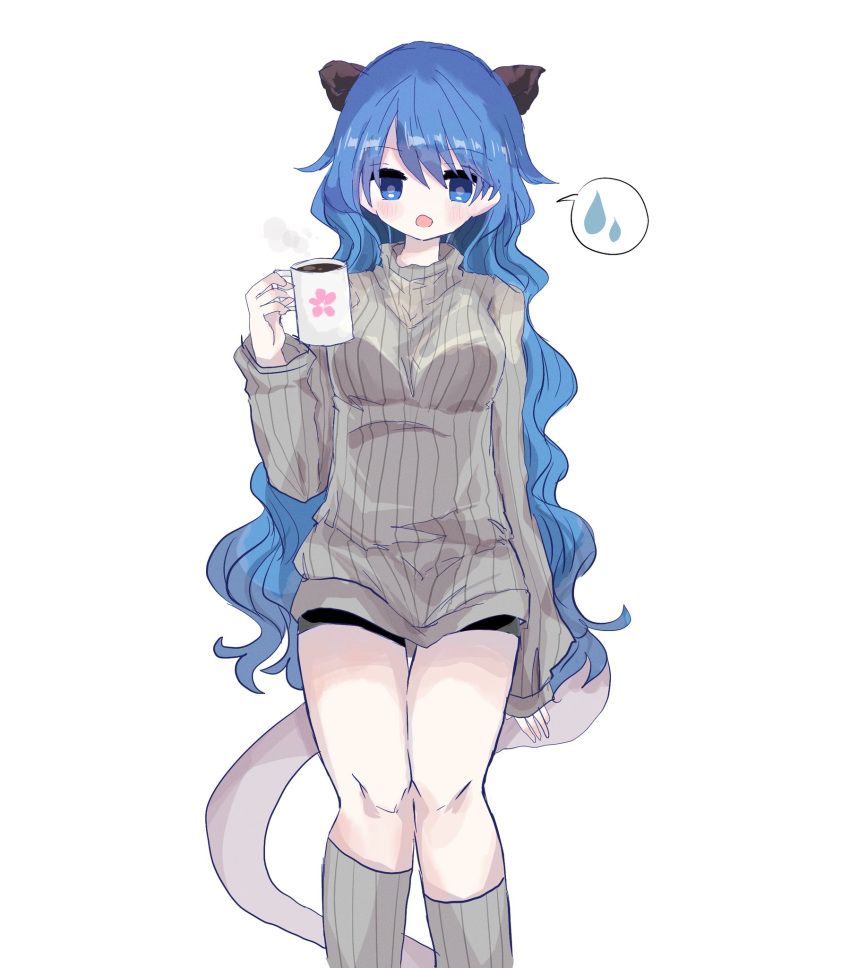 alternate_costume animal_ears bad_id bad_twitter_id black_shorts blue_eyes blue_hair blush breasts chestnut_mouth coffee cup doremy_sweet drink feet_out_of_frame female floral_print grey_socks highres holding holding_cup hot_drink kneehighs knees_together_feet_apart long_hair long_sleeves looking_down medium_breasts no_headwear short_shorts shorts simple_background sleeves_past_wrists socks solo spoken_sweatdrop sweatdrop sweater tail tapir_ears tapir_tail touhou turtleneck turtleneck_sweater very_long_hair wavy_hair white_background zabuton_(mgdw5574)