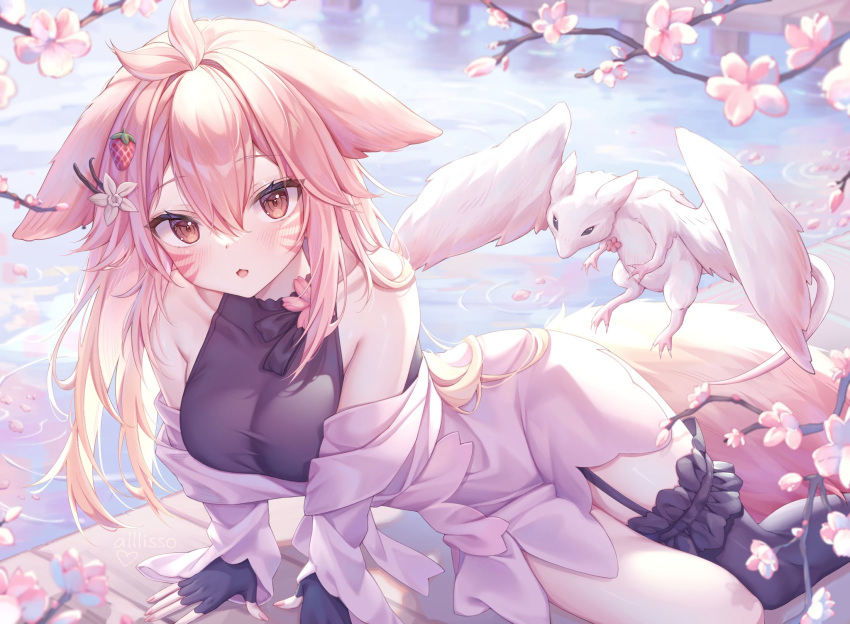 alllisso animal_ears antenna_hair arm_support bare_shoulders black_shirt black_thighhighs breasts brown_eyes cherry_blossoms commentary commission dress facial_mark female food-themed_hair_ornament fox_ears fox_tail grey_dress hair_between_eyes hair_ornament highres long_hair looking_at_viewer medium_breasts off_shoulder original parted_lips pink_hair shirt single_thighhigh sleeveless sleeveless_shirt solo strawberry_hair_ornament tail thighhighs thighs water whisker_markings