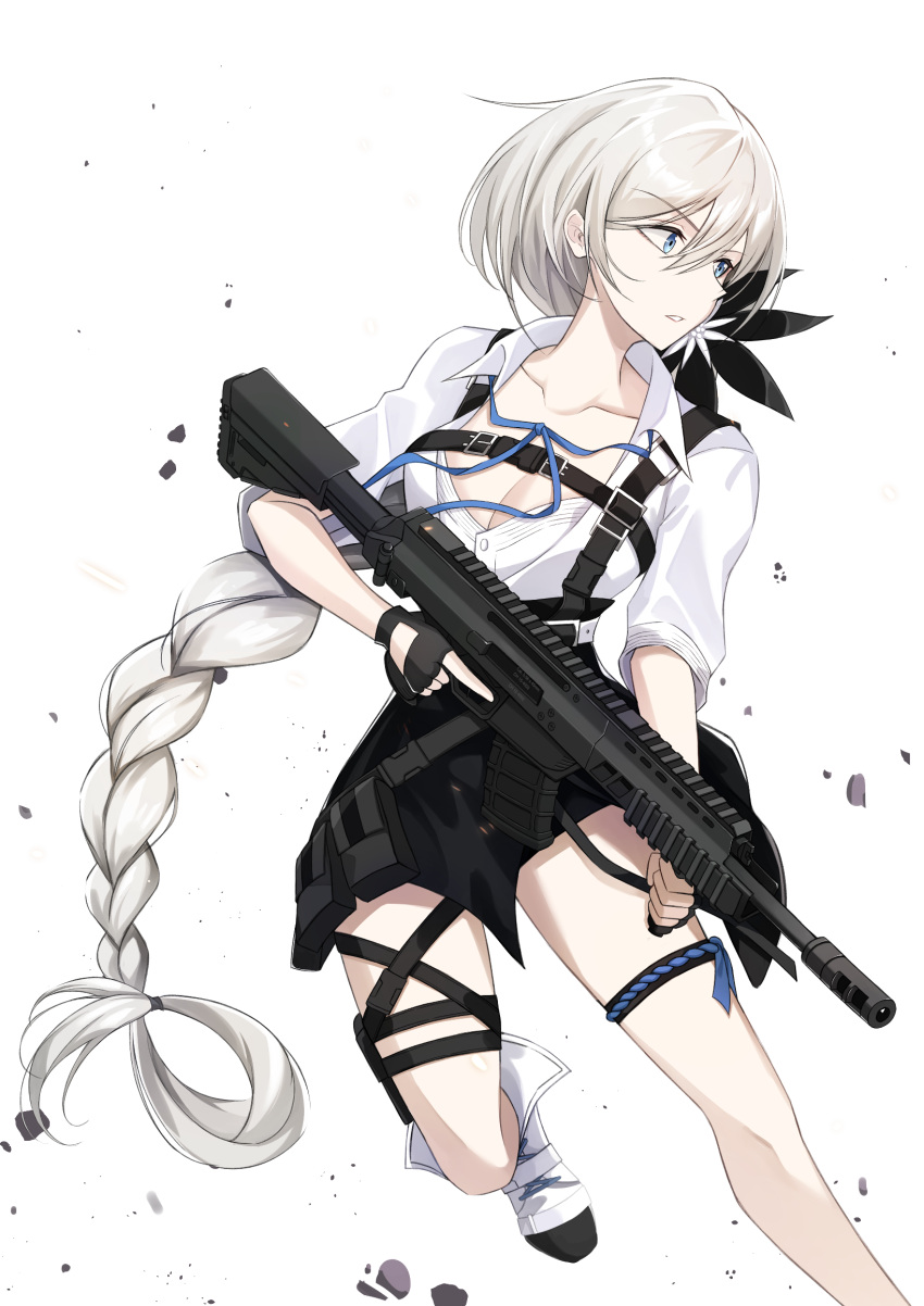 apc556_(girls'_frontline) areola_slip assault_rifle b&t_apc556 black_gloves black_skirt blue_eyes blue_ribbon boots braid braided_ponytail breasts cleavage collarbone commission feet_out_of_frame female fingerless_gloves flower girls'_frontline gloves gun hair_flower hair_ornament hakugin006 harness highres holding holding_gun holding_weapon long_hair looking_away medium_breasts neck_ribbon open_clothes open_mouth open_shirt parted_lips pixiv_commission ribbon rifle shirt short_sleeves skirt solo standing very_long_hair weapon white_background white_footwear white_hair white_shirt