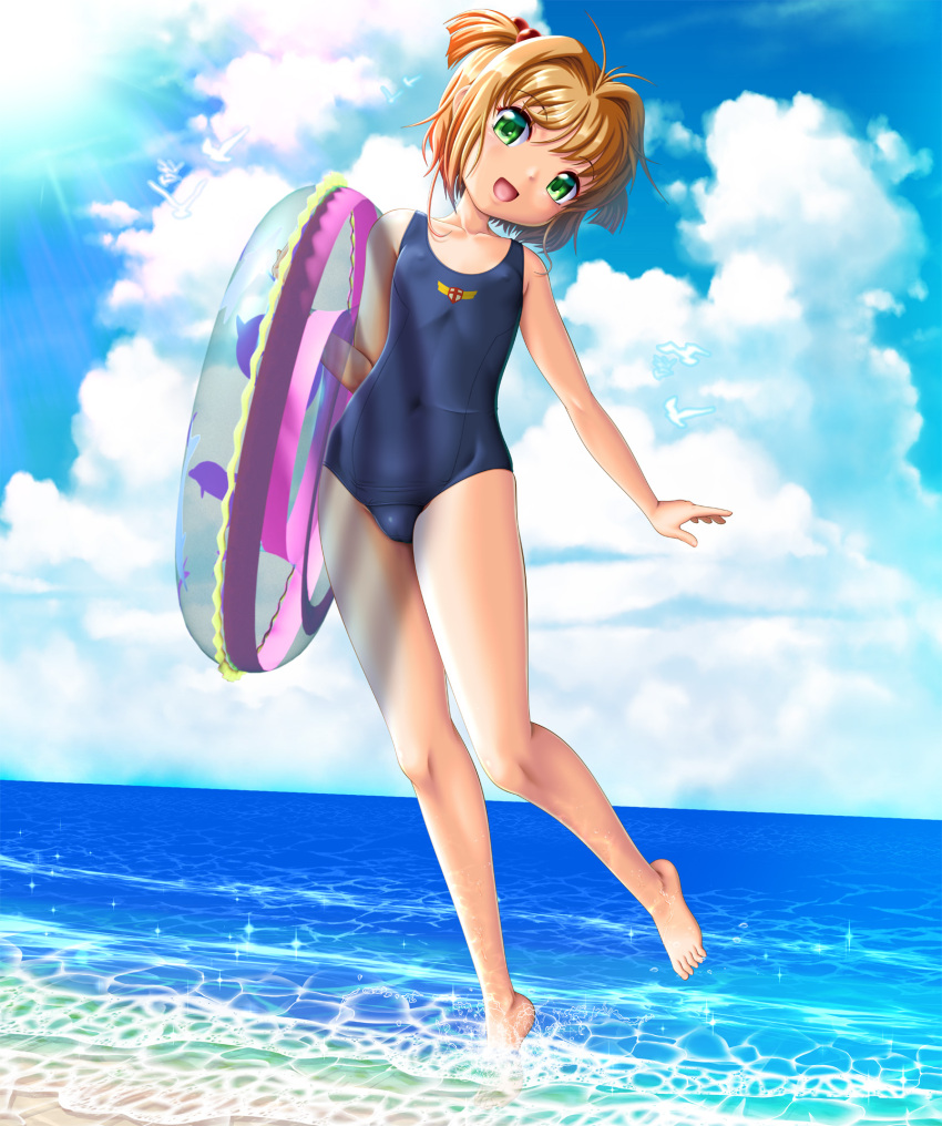 antenna_hair barefoot beach blue_one-piece_swimsuit blue_sky cardcaptor_sakura cloud day ebi_daruma female flat_chest green_eyes head_tilt highres horizon innertube kinomoto_sakura looking_at_viewer ocean one-piece_swimsuit outdoors school_swimsuit short_hair sky smile solo swim_ring swimsuit two_side_up waves