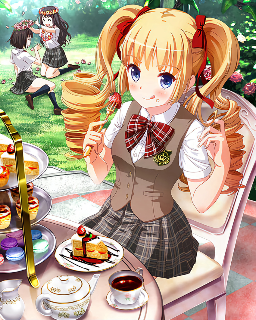 3girls absurdres bad_id bad_pixiv_id black_socks blonde_hair blue_eyes blush bow bowtie brown_footwear brown_vest cake cake_slice chair cup cupcake day drill_hair food food_on_face fork fruit grass hairbow head_wreath highres holding holding_fork idol_wars_z kneehighs licking_lips macaron multiple_girls outdoors plaid plaid_bow plaid_bowtie plaid_skirt red_bow red_bowtie rinka_tenkawa school_uniform shirt sitting skirt socks strawberry table teacup teapot third-party_source tiered_tray tongue tongue_out twin_drills twintails vest white_shirt