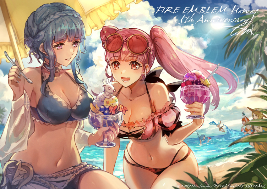 2boys 4girls alternate_costume anniversary ashe_ubert ashe_ubert_(summer) bare_shoulders beach bikini black_bikini blue_bikini blue_hair blush braid breasts brown_eyes caspar_von_bergliez caspar_von_bergliez_(summer) cleavage collarbone crown_braid day deer eyewear_on_head fire_emblem fire_emblem:_three_houses fire_emblem_heroes food glass hilda_valentine_goneril hilda_valentine_goneril_(summer) large_breasts leonie_pinelli leonie_pinelli_(summer) long_hair marianne_von_edmund marianne_von_edmund_(summer) mercedes_von_martritz mercedes_von_martritz_(summer) multiple_boys multiple_girls navel nijihayashi off-shoulder_bikini off_shoulder official_alternate_costume official_art open_mouth orange_bikini outdoors pink_bikini pink_eyes pink_hair revision sarong shaved_ice smile stomach swimsuit twintails upper_body