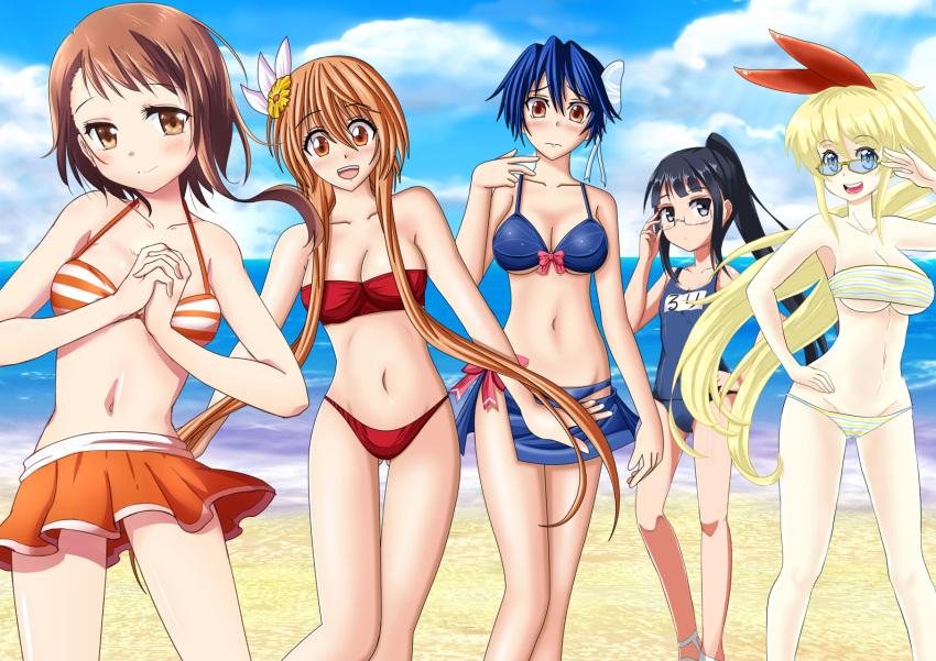 5girls beach bikini bin1998 black_hair blue_eyes blue_hair bow brown_eyes brown_hair collaboration commentary glass grey_eyes highres kirisaki_chitoge long_hair miyamoto_ruri multiple_girls navel nisekoi onodera_kosaki outdoors patty_(artist) photoshop_(medium) pose rayno red_bow seraphina strapless sunglasses swimsuit tachibana_marika tsugumi_seishirou tube_top yellow_eyes