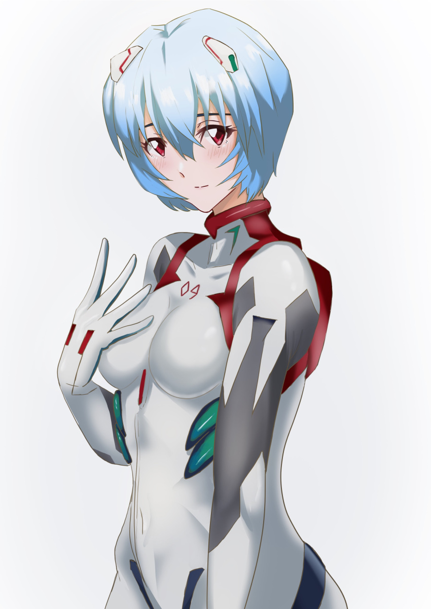 absurdres arm_at_side ayanami_rei bad_id bad_pixiv_id blue_hair blush breasts cowboy_shot female hair_between_eyes hand_on_own_chest hateri highres interface_headset looking_at_viewer medium_breasts neon_genesis_evangelion plugsuit rebuild_of_evangelion red_eyes short_hair solo white_background