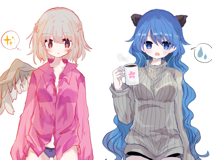 2girls :o alternate_costume animal_ears bad_id bad_twitter_id blue_eyes blue_hair blue_panties blush braid breasts bright_pupils chestnut_mouth coffee collarbone commentary_request cowboy_shot cup diamond-shaped_pupils diamond_(shape) doremy_sweet french_braid highres holding holding_cup hot_drink kishin_sagume long_hair long_sleeves looking_down medium_breasts mug multiple_girls open_mouth panties pink_shirt shirt short_hair single_wing spoken_sparkle spoken_sweatdrop sweatdrop sweater symbol-shaped_pupils tail tapir_ears tapir_tail touhou turtleneck turtleneck_sweater underwear very_long_hair wavy_hair white_background wings zabuton_(mgdw5574)