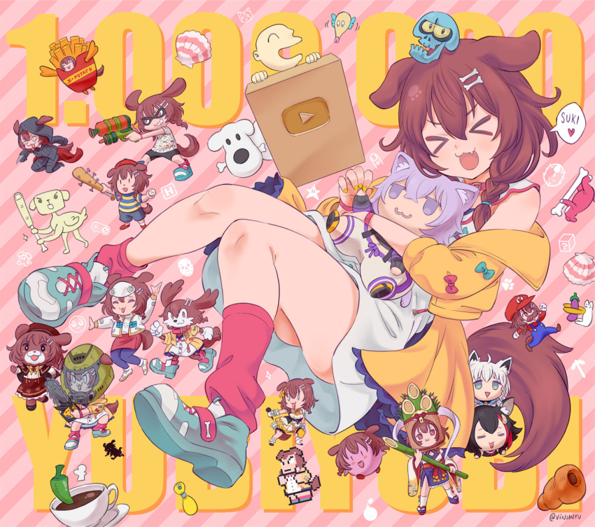 >_< 1boy 4girls :3 :d ?_block animal_collar animal_crossing animal_ear_fluff animal_ears assassin's_creed:_syndicate assassin's_creed_(series) assault_visor banjo-kazooie baseball_bat black_hair blue_bow blush bomb bomberman bone bone_hair_ornament bow braid breasts brown_eyes brown_hair buttons canine cat_girl chainsaw character_doll character_request chili_pepper chocolate_cornet chu_chu_rocket closed_eyes closed_mouth coffee collar collarbone collared_dress commentary_request copyright_request cosplay creature cross-laced_footwear cup dog_ears dog_girl dog_tail doom_(2016) doom_(series) dress duplicate eggplant emoji english_commentary evie_frye evie_frye_(cosplay) explosive fall_guys fingernails flipped_hair food fox_girl french_fries french_fry_costume friday_the_13th frilled_jacket frills full_body game_console gold_creator_award hair_between_eyes hair_ornament hair_over_shoulder hairclip highres hockey_mask holding holding_chainsaw holding_stuffed_toy hololive hololive_gamers hololive_idol_uniform hoso-inu hug inkling_player_character inugami_korone inugami_korone_(1st_costume) jacket jitome kaze_no_klonoa kirby kirby_(series) klonoa knees knees_together_feet_apart kunio-kun kunio-kun_series legs_apart limbo_(game) listener_(inugami_korone) long_hair loose_socks low-tied_long_hair low_twin_braids low_twintails mario mario_(cosplay) mario_(series) mask minecraft mixed-language_commentary mother_(game) mother_2 multicolored_footwear multicolored_hair multiple_girls mumbo_token nail nail_bat nail_polish nekomata_okayu ness_(mother_2) ness_(mother_2)_(cosplay) nyanpyou oerba_yun_fang off_shoulder official_alternate_costume ookami_mio open_clothes open_jacket open_mouth paw_print pickaxe pink_background pixel-perfect_duplicate pleading_face_emoji pocket purple_eyes pyuu_to_fuku!_jaguar:_ashita_no_jump red_bow red_collar red_footwear red_hair red_socks reference_request saucer seashell sega_tarou sega_tarou_(cosplay) segagaga shell shirakami_fubuki shoelaces shoes short_dress short_sleeves sleeveless sleeveless_dress smile sneakers socks sparkle splatoon_(series) streaked_hair striped striped_background stuffed_toy super_bunny_man super_famicom super_famicom_gamepad super_star_(mario) tail teacup triangle_mouth twin_braids twintails twitter_username upskirt vinhnyu virtual_youtuber white_dress wolf_girl wristband xd yellow_jacket yellow_nails youtube youtube_creator_award youtube_logo