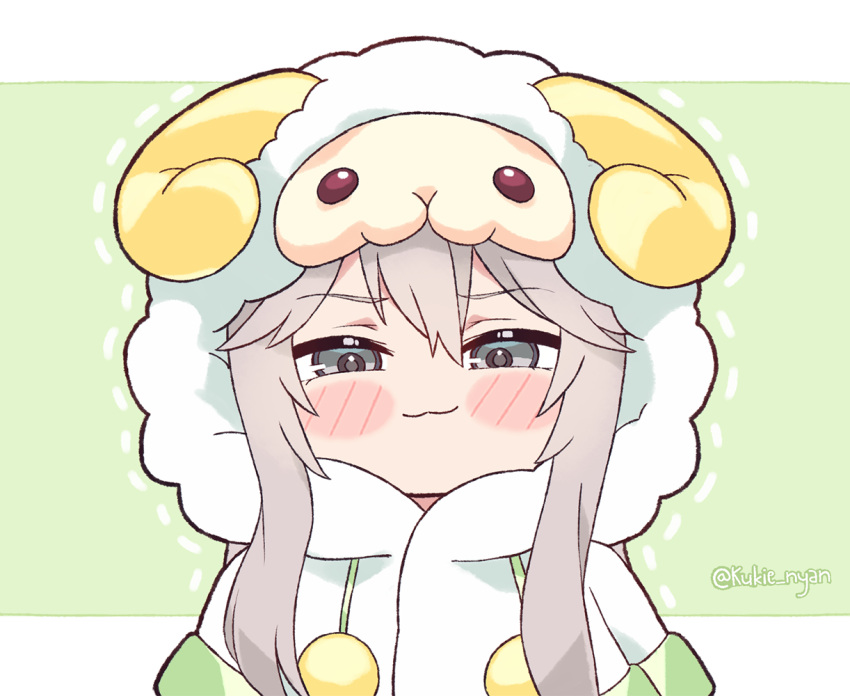 :3 animal_hood blush_stickers chibi chibi_only commentary english_commentary female grey_hair hololive hood kukie-nyan long_hair official_alternate_costume official_alternate_hairstyle sheep_hood shishiro_botan shishiro_botan_(button-down) smirk smug solo virtual_youtuber