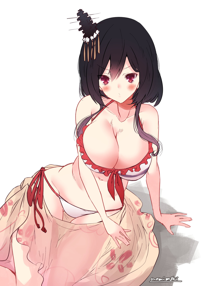 absurdres arm_support bikini black_hair breasts cleavage female frilled_bikini frills hair_ornament highres kantai_collection large_breasts looking_at_viewer momimaki one-hour_drawing_challenge red_eyes sarong short_hair simple_background sitting solo swimsuit white_background white_bikini yamashiro_(kancolle) yamashiro_(swimsuit_mode)_(kancolle) yokozuwari