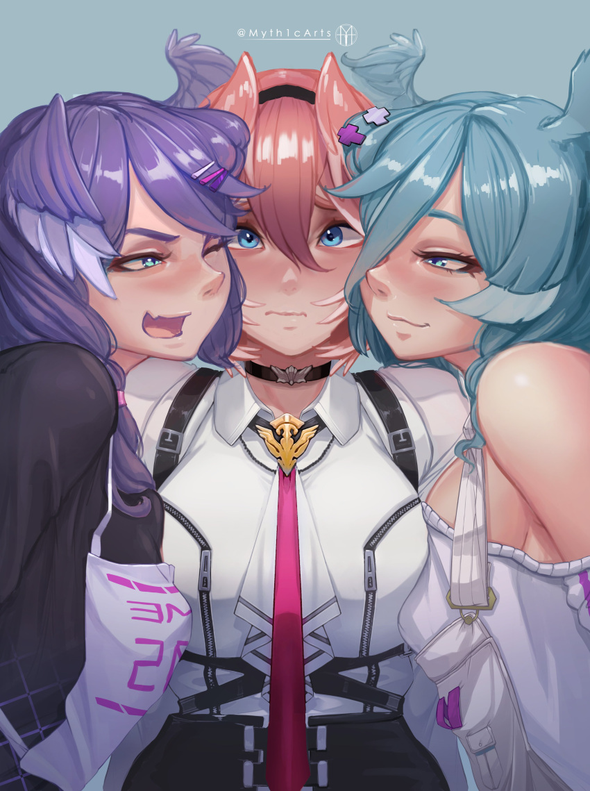 3girls absurdres apron aqua_eyes arms_at_sides asymmetrical_docking bare_shoulders blue_eyes blue_hair blush breast_press breast_zipper breasts choker closed_mouth collarbone crossover elira_pendora girl_sandwich hair_between_eyes hair_ornament hair_over_one_eye hairband hairclip head_wings high-waist_shorts highres hololive hood hoodie large_breasts long_bangs long_hair looking_ahead looking_at_another looking_at_viewer multiple_girls myth1carts necktie nijisanji nijisanji_en nose oerba_yun_fang one_eye_closed pink_hair purple_hair sandwiched selen_tatsuki selen_tatsuki_(1st_costume) shimaidon_(sex) shirt shirt_tucked_in shorts siblings sideboob simple_background sisters skin_fang smile suspender_shorts suspenders sweater swept_bangs takane_lui takane_lui_(1st_costume) trait_connection tsurime upper_body virtual_youtuber wavy_mouth white_shirt wing_collar wings yuri