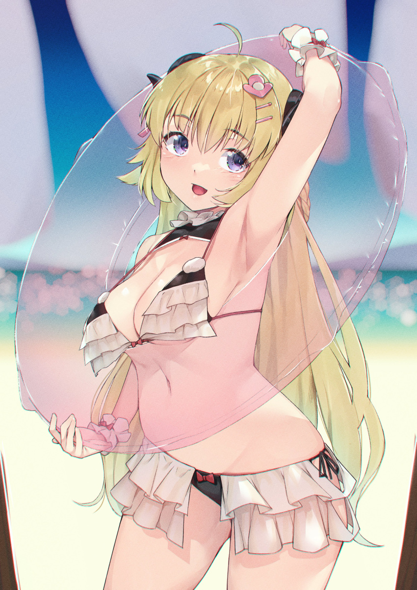 absurdres animal_ears arm_up armpits beach bikini bikini_skirt blonde_hair blurry blurry_background blush braid breasts cleavage commentary cowboy_shot female frilled_bikini frills hair_between_eyes hair_ornament hairclip highres holding holding_swim_ring hololive horns innertube koubou_(cowbow_kun) long_hair medium_breasts navel open_mouth outdoors purple_eyes sheep_ears sheep_girl sheep_horns side-tie_bikini_bottom smile solo standing stomach string_bikini swim_ring swimsuit tsunomaki_watame very_long_hair virtual_youtuber white_bikini wrist_cuffs