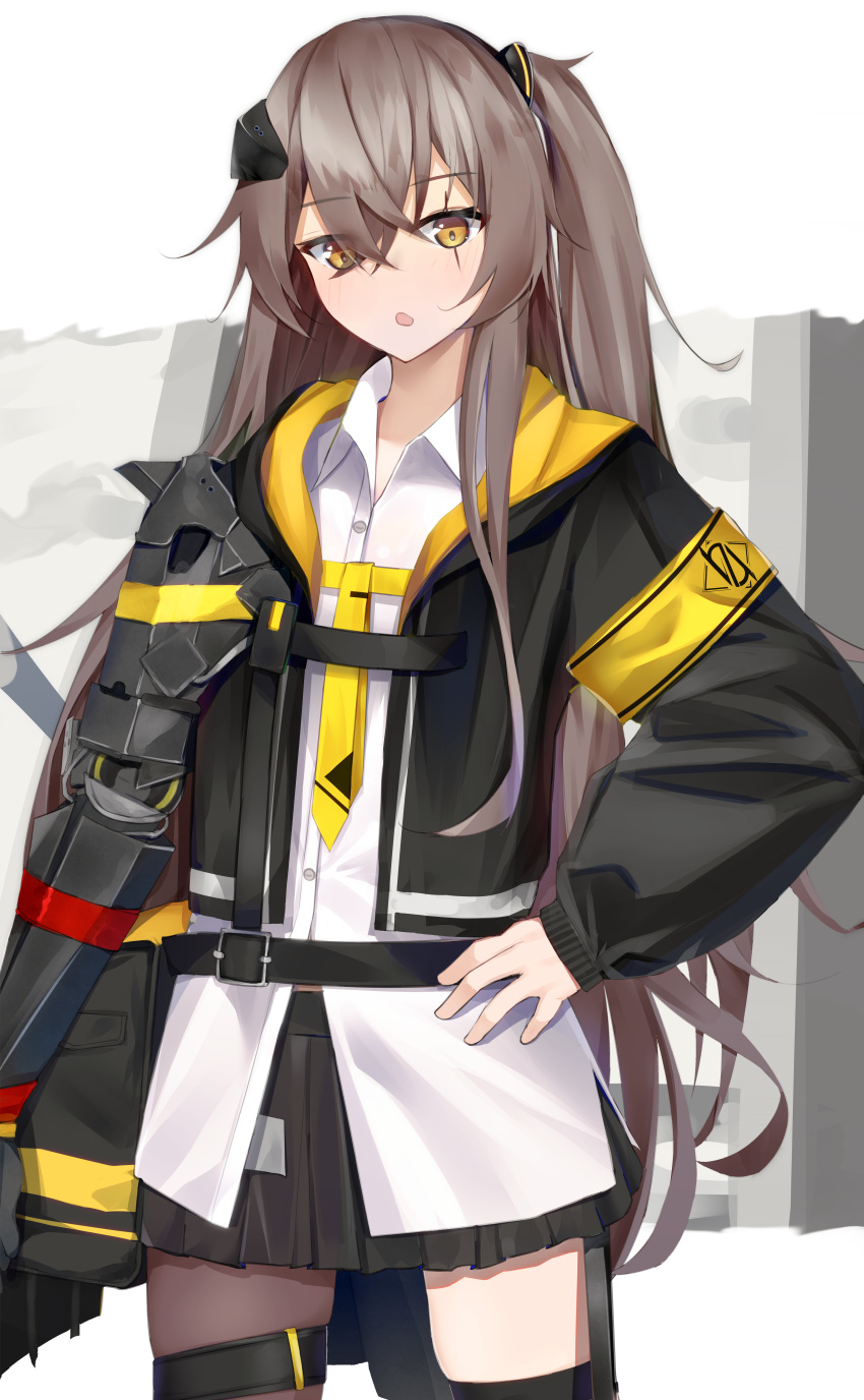 :o absurdres armband black_jacket black_skirt black_thighhighs breasts brown_eyes brown_hair collared_shirt feet_out_of_frame female girls'_frontline hair_ornament hairclip hand_on_own_hip highres jacket kotoha_(kotoha65) long_hair long_sleeves looking_at_viewer mechanical_arms necktie one_side_up open_clothes open_jacket open_mouth pantyhose pleated_skirt psd_available scar scar_across_eye shirt simple_background single_leg_pantyhose single_mechanical_arm single_thighhigh skirt small_breasts solo standing thighhighs ump45_(girls'_frontline) ump45_(mod3)_(girls'_frontline) white_shirt yellow_armband yellow_necktie