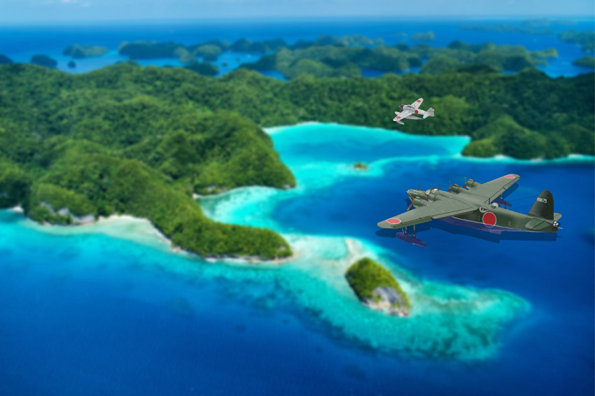 a6m2-n aircraft airplane beach cloud commentary day flying flying_boat h8k highres imperial_japanese_navy island landscape military nature ocean original outdoors propeller seaplane sky soranokakera01 tree vehicle_focus water world_war_ii