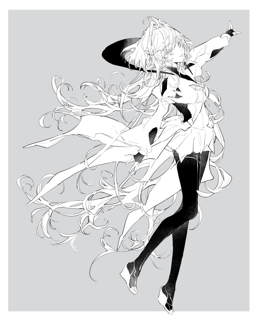 ahoge budh57 fate/grand_order fate/grand_order_arcade fate/prototype fate_(series) female fingerless_gloves full_body gloves grey_background greyscale highres korean_commentary long_hair long_sleeves looking_at_viewer merlin_(fate/prototype) merlin_(fate/prototype)_(third_ascension) monochrome pants robe smile solo very_long_hair wide_sleeves