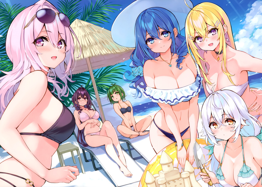 6+girls absurdres ahoge bare_shoulders beach beach_chair bikini black_hair blonde_hair blue_eyes blue_hair blue_sky blush bracelet breasts chair choker cleavage cu-no day earrings eyewear_on_head full_body green_eyes green_hair hakurei_botan halterneck hat highres hisen_kaede holding innertube jewelry kohitsuji_ai long_hair looking_at_viewer medium_breasts multiple_girls navel necklace nonono_futaba ocean outdoors palm_leaf pink_hair purple_eyes rapua_qive red_eyes sand_castle sand_sculpture scan sky smile stomach string_bikini sun_hat sunglasses swim_ring swimsuit thighs water yayoi_sakura