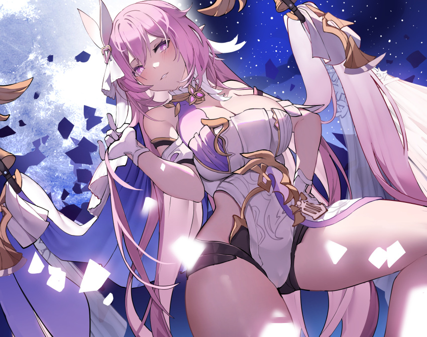 bangs bare_shoulders blush breasts cleavage dress elysia_(herrscher_of_human:ego) elysia_(honkai_impact) female gloves greek_toe grin hair_ornament highres honkai_(series) honkai_impact_3rd large_breasts looking_at_viewer one_eye_closed parted_lips petals pink_eyes pink_hair sleeveless sleeveless_dress smile solo strapless strapless_dress teeth thighs toes vierzeck white_dress white_gloves