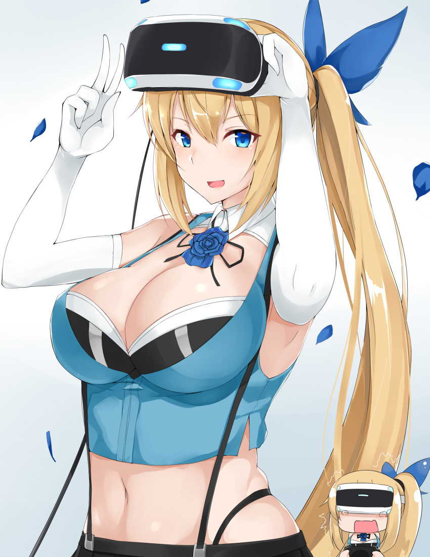 absurdres arms_up black_skirt blonde_hair blue_eyes blue_flower blue_rose blue_shirt blush bow bra breasts chibi chibi_inset cleavage collared_shirt commentary_request elbow_gloves eyelashes female flower gloves gradient_background grey_background hair_between_eyes hairbow head-mounted_display highres large_breasts looking_at_viewer maruyaa_(malya1006) mirai_akari mirai_akari_project navel open_mouth petals playstation_vr rose shiny_skin shirt side_ponytail sidelocks simple_background skindentation skirt sleeveless suspender_skirt suspenders underwear upper_body v virtual_youtuber white_gloves