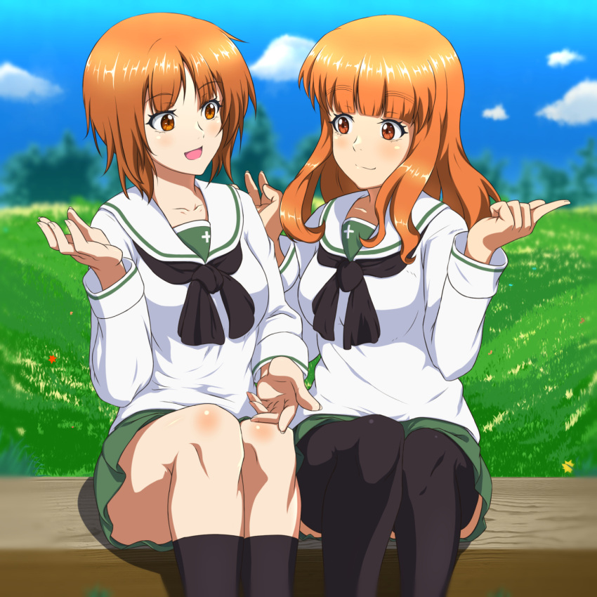 2girls ada_badguy black_legwear black_neckerchief blouse blue_sky blunt_bangs blurry blurry_background brown_eyes brown_hair closed_mouth cloud cloudy_sky commentary_request day depth_of_field gesture girls_und_panzer grass green_skirt highres long_hair long_sleeves looking_at_another miniskirt multiple_girls neckerchief nishizumi_miho ooarai_school_uniform open_mouth orange_eyes orange_hair outdoors pleated_skirt sailor_collar school_uniform serafuku shirt short_hair side-by-side sitting skirt sky smile socks takebe_saori thighhighs white_sailor_collar white_shirt