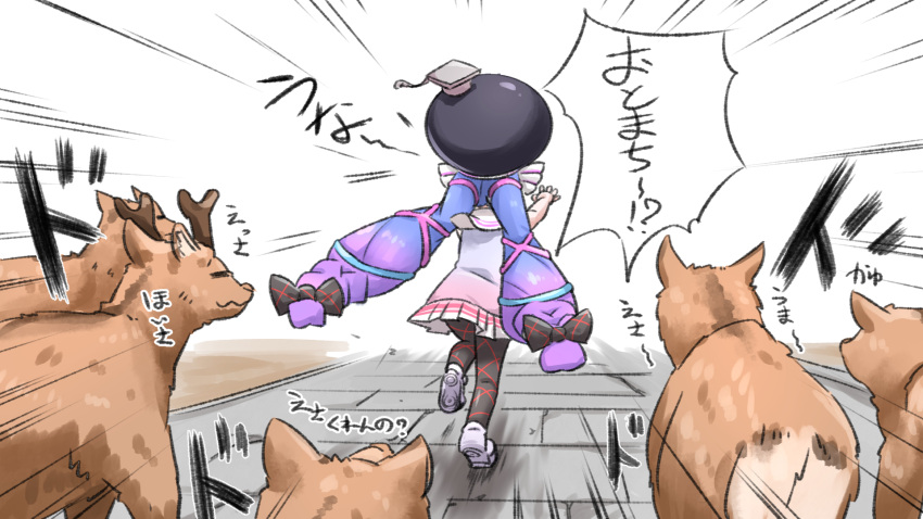 animal beret black_bow black_headwear black_legwear blue_dress blue_hair bow chasing deer dress eel_hat gradient_dress gradient_hair hairbow hat highres long_hair low_twintails multicolored_hair neon-tetora otomachi_una pantyhose pink_dress purple_hair sailor_collar sailor_dress shoe_soles shoes sleeveless sleeveless_dress talkex translated twintails very_long_hair vocaloid white_background white_footwear white_sailor_collar