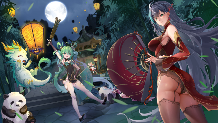 4girls absurdres ahoge animal arm_up armpits ass bare_shoulders black_dress black_hair braid breasts brown_thighhighs china_dress chinese_clothes closed_mouth creature detached_sleeves dragon dress feise_(tower_of_fantasy) folding_fan from_behind full_moon garter_belt gold_trim green_eyes green_hair hand_fan highres holding holding_fan huang_(tower_of_fantasy) lan_(tower_of_fantasy) lantern large_breasts lazgear lin_(tower_of_fantasy) long_hair long_sleeves looking_at_viewer looking_back mole mole_under_eye moon multicolored_hair multiple_girls night official_alternate_costume outdoors panda paper_lantern pelvic_curtain red_dress shoes short_dress skindentation sleeveless sleeveless_dress streaked_hair thighhighs thighs tower_of_fantasy very_long_hair white_thighhighs