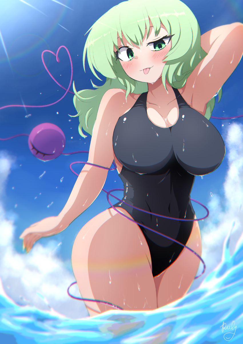 absurdres breasts cleavage commentary_request competition_swimsuit eyeball female green_eyes highres komeiji_koishi large_breasts light_green_hair medium_hair ocean one-piece_swimsuit outdoors polyhedron2 sky solo swimsuit third_eye touhou water wavy_hair